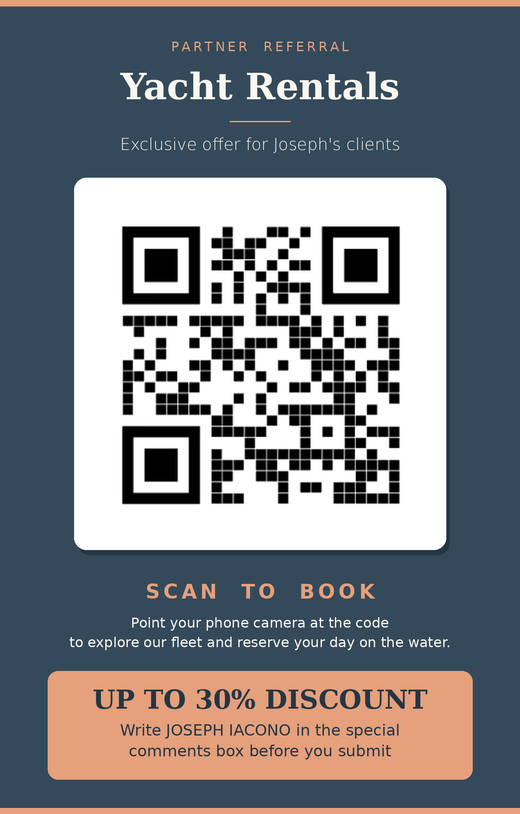 Yachts MiamiVice partner referral QR card: scan to book, up to 30% off, write Joseph Iacono in the comments box