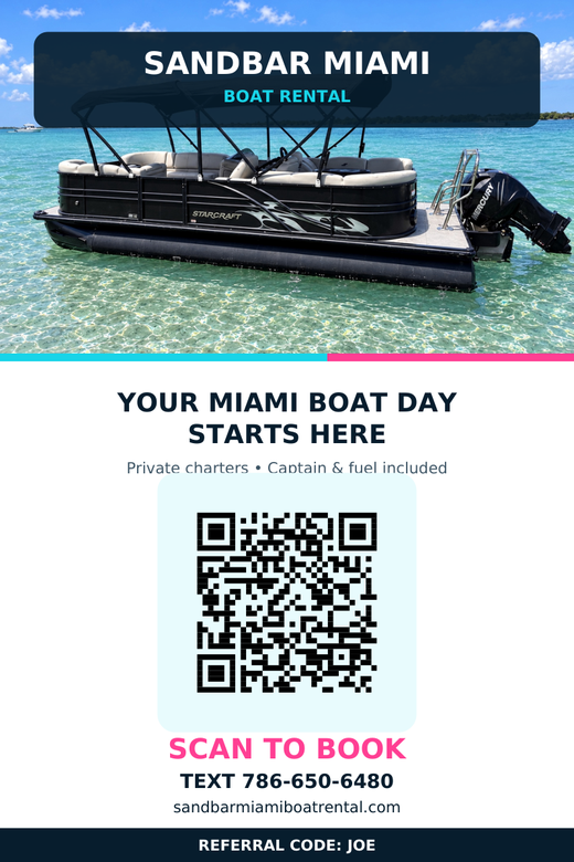 Sandbar Miami Boat Rental referral card: scan to text 786-650-6480, referral code JOE